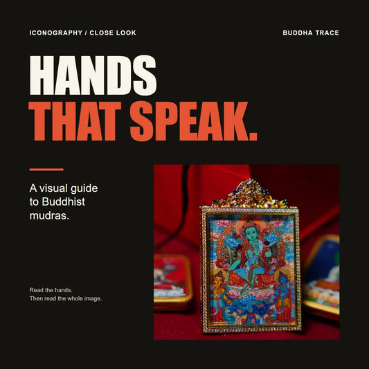 Hands That Speak: complete Green Tara miniature thangka in its original frame, with a Buddhist mudras guide headline
