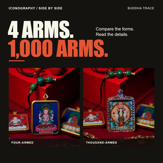 Four-Armed vs. Thousand-Armed Guanyin: Key Visual Differences editorial cover with original comparison photographs and the headline 4 ARMS. 1,000 ARMS.