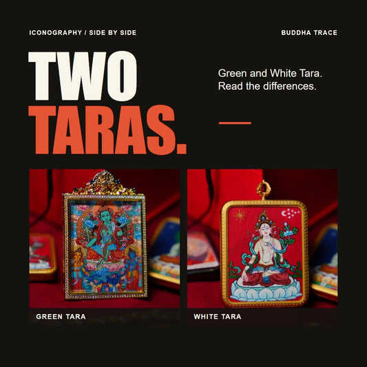 Two Taras: original photographs of Green Tara and White Tara miniature thangkas, with a visual comparison headline