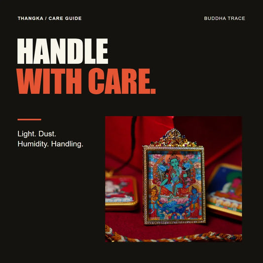 How to Care for a Thangka: Light, Humidity, Dust, and Handling editorial cover with original product photography