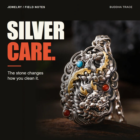 How to Care for Sterling Silver Jewelry Set with Stones editorial cover with original product photography and the headline SILVER CARE.