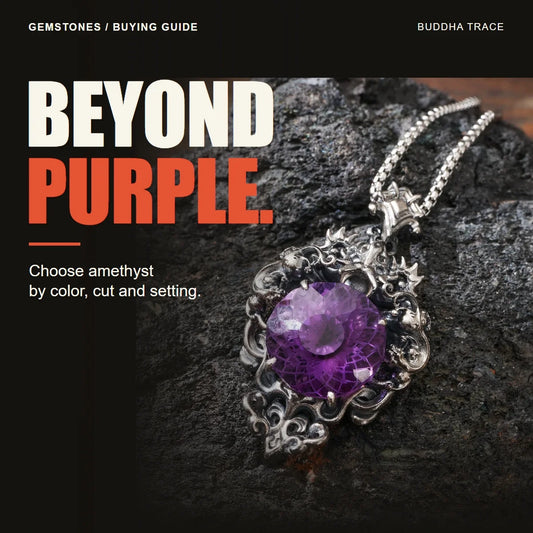 How to Choose Amethyst Jewelry: Color, Cut, and Setting editorial cover with original product photography and the headline BEYOND PURPLE.