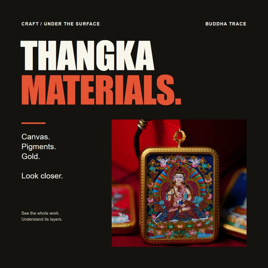 Thangka Materials: complete Vajrasattva miniature thangka in its original frame, with a headline about canvas, pigments, and gold