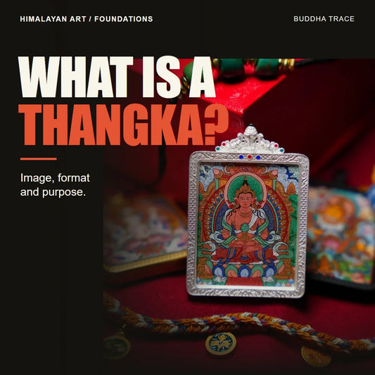 What Is a Thangka? A Guide to Form, Purpose, and Context editorial cover with original product photography and the headline WHAT IS A THANGKA?