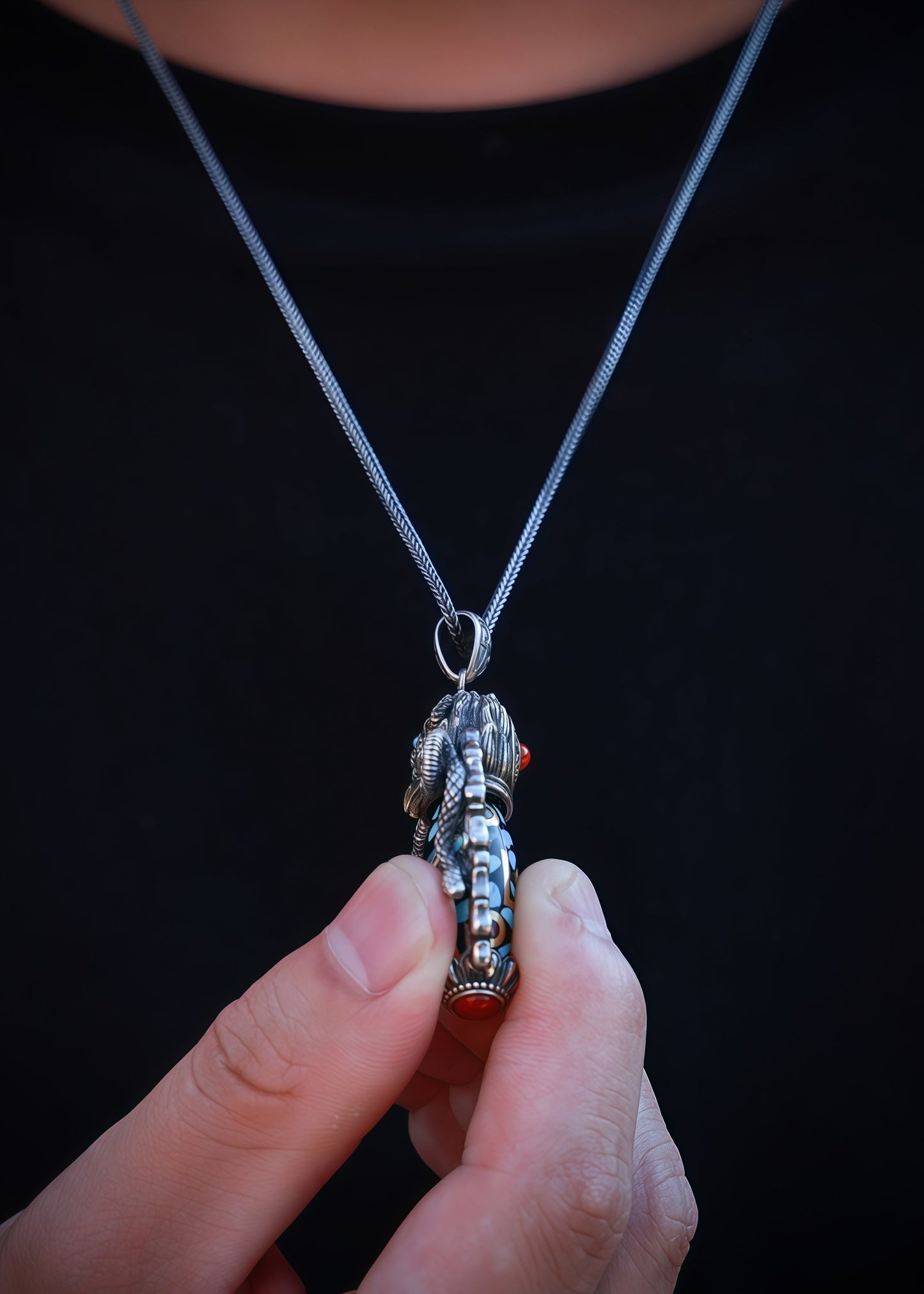 Buddha Trace roc black orchid blue DZI pendant Buddha Trace