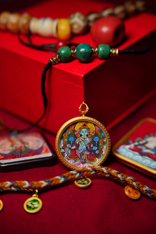 Buddha Trace Tibetan Green Tara Circular Thangka Buddha Trace