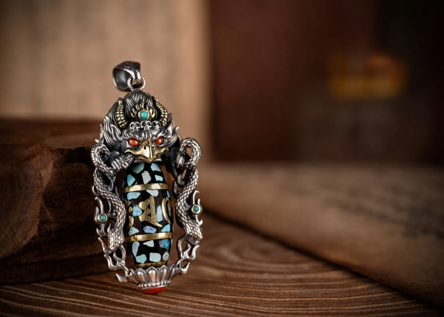 Buddha Trace roc black orchid blue DZI pendant Buddha Trace