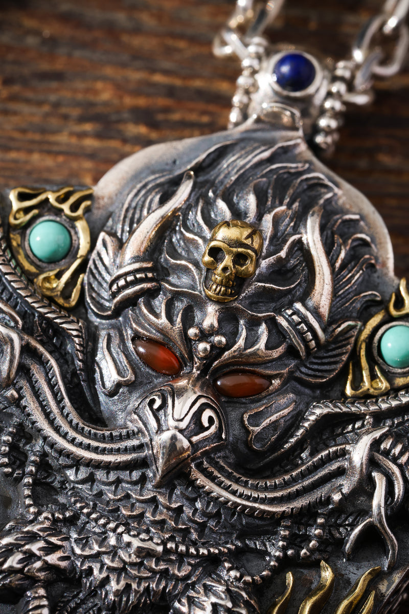The garuda, a guardian in silver with turquoise and coral