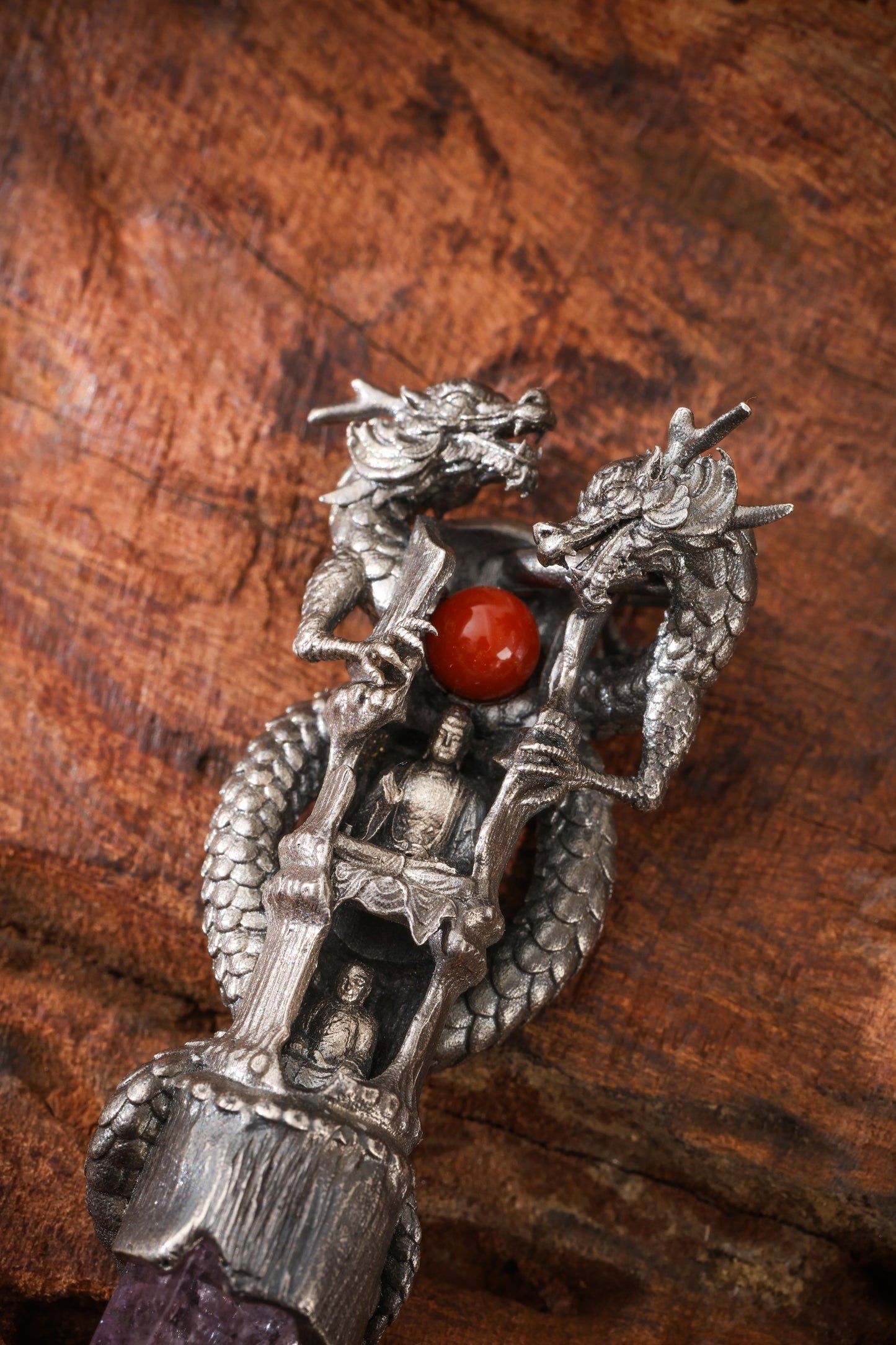 Sterling Silver Amethyst Dragon & Buddhist cave temple Pendant Buddha Trace