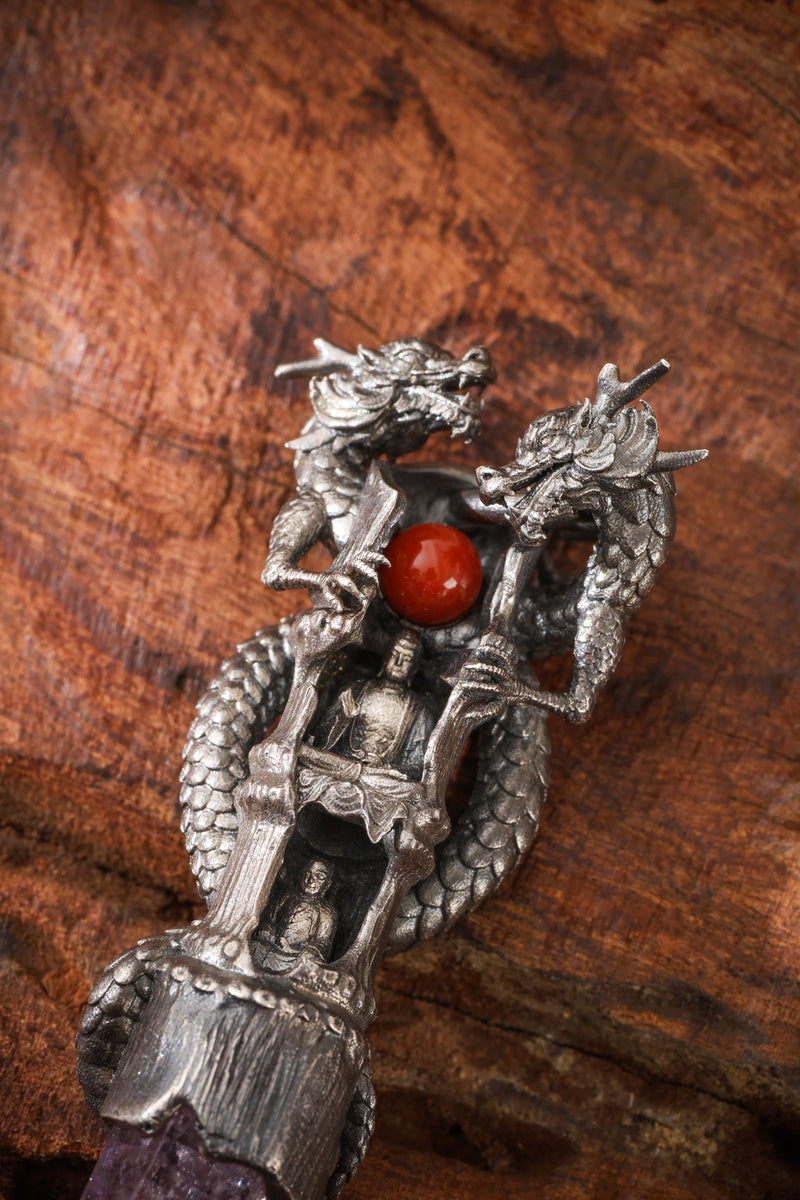 Sterling Silver Amethyst Dragon & Buddhist cave temple Pendant Buddha Trace