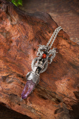 Sterling Silver Amethyst Dragon & Buddhist cave temple Pendant Buddha Trace