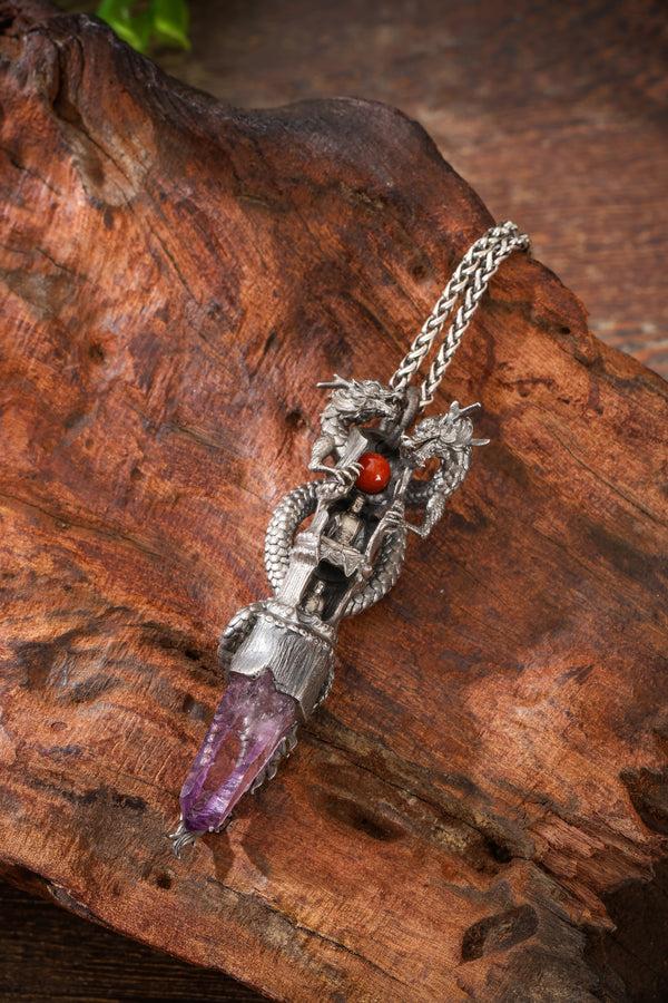 Sterling Silver Amethyst Dragon & Buddhist cave temple Pendant