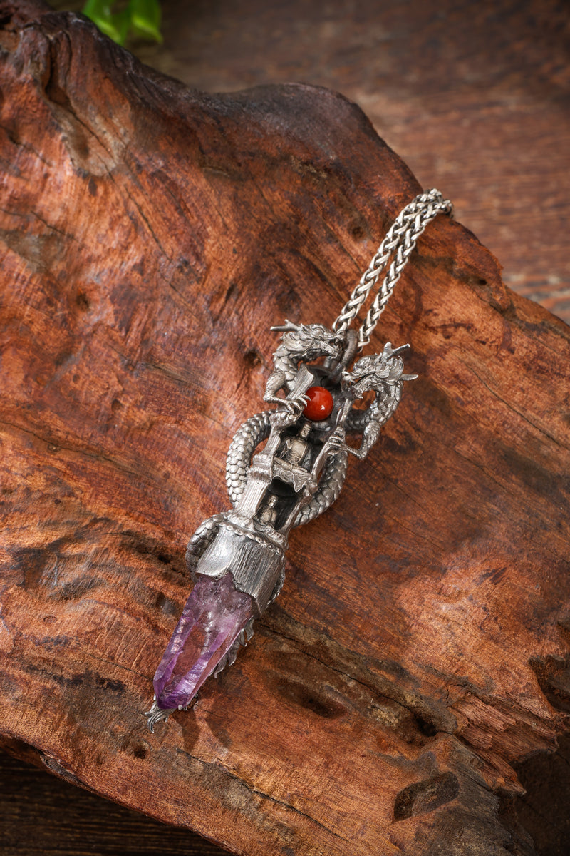 Sterling Silver Amethyst Dragon & Buddhist cave temple Pendant Buddha Trace