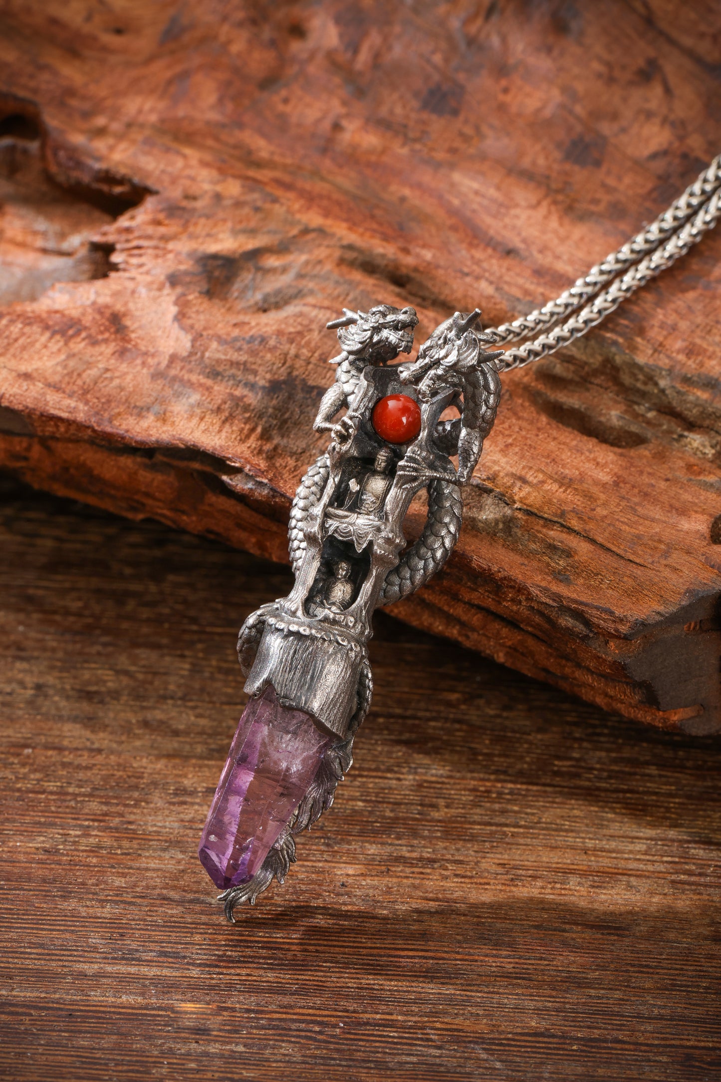 Sterling Silver Amethyst Dragon & Buddhist cave temple Pendant Buddha Trace