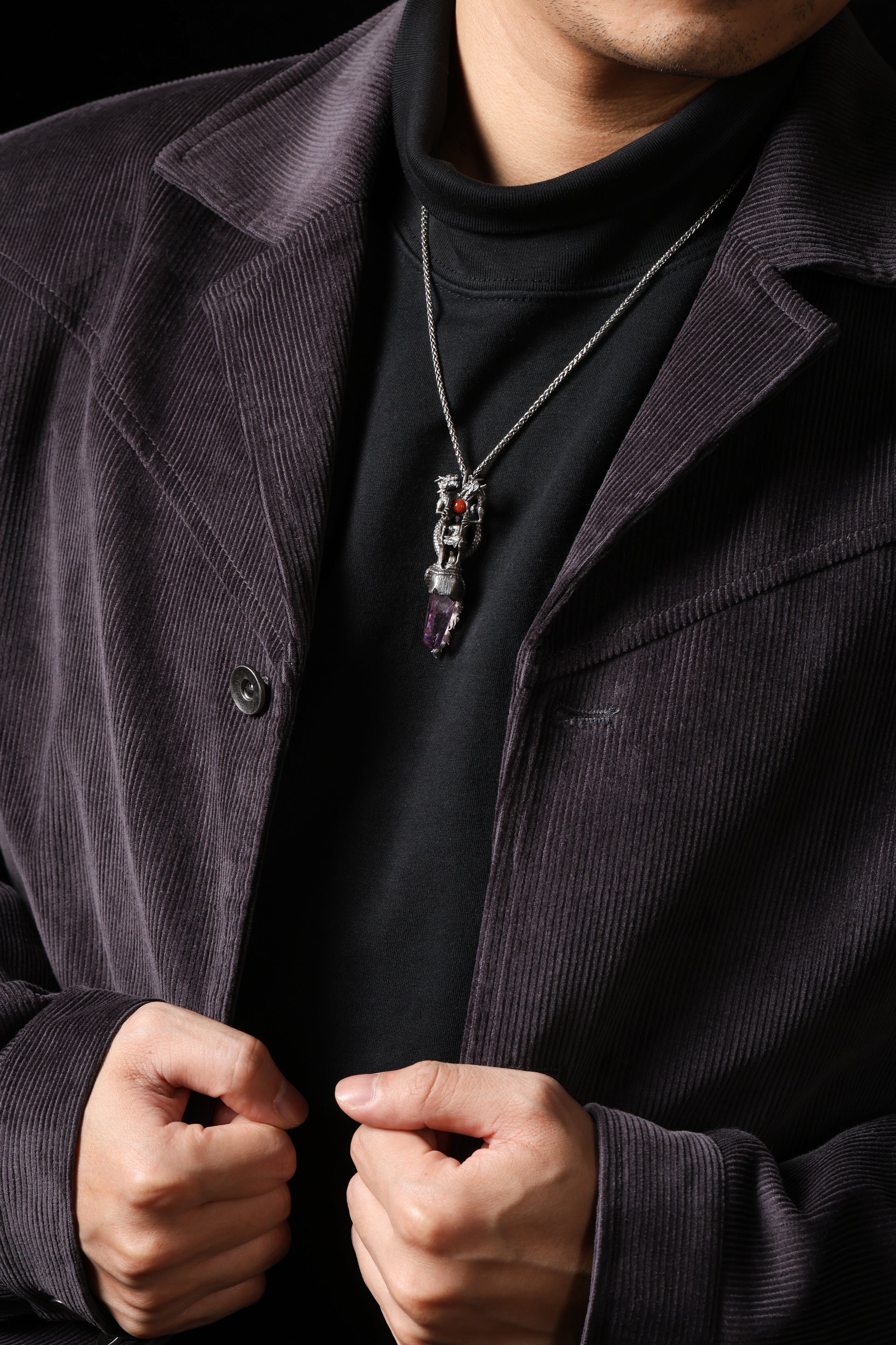 Sterling Silver Amethyst Dragon & Buddhist cave temple Pendant Buddha Trace