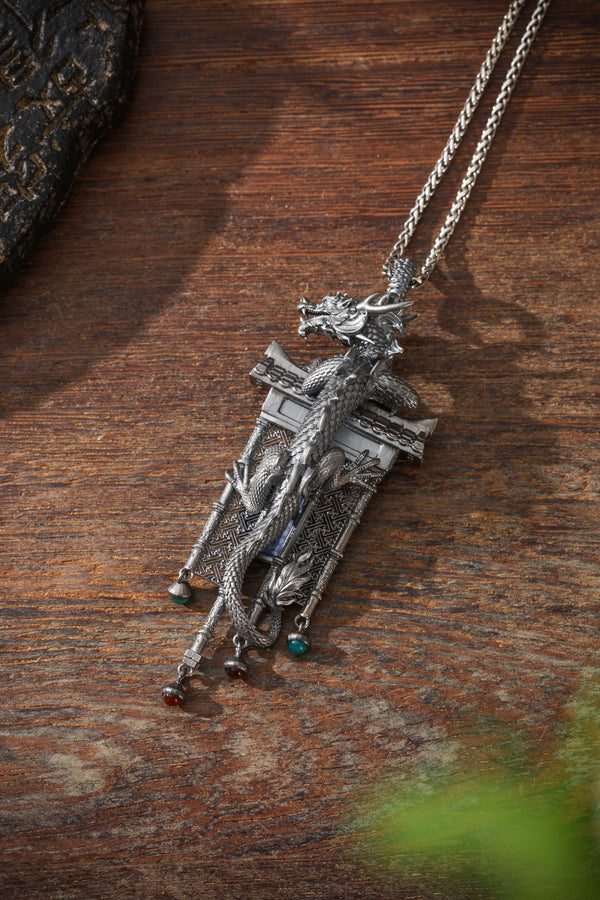 Sterling Silver Dragon Climbing the Ancient Wall Pendant