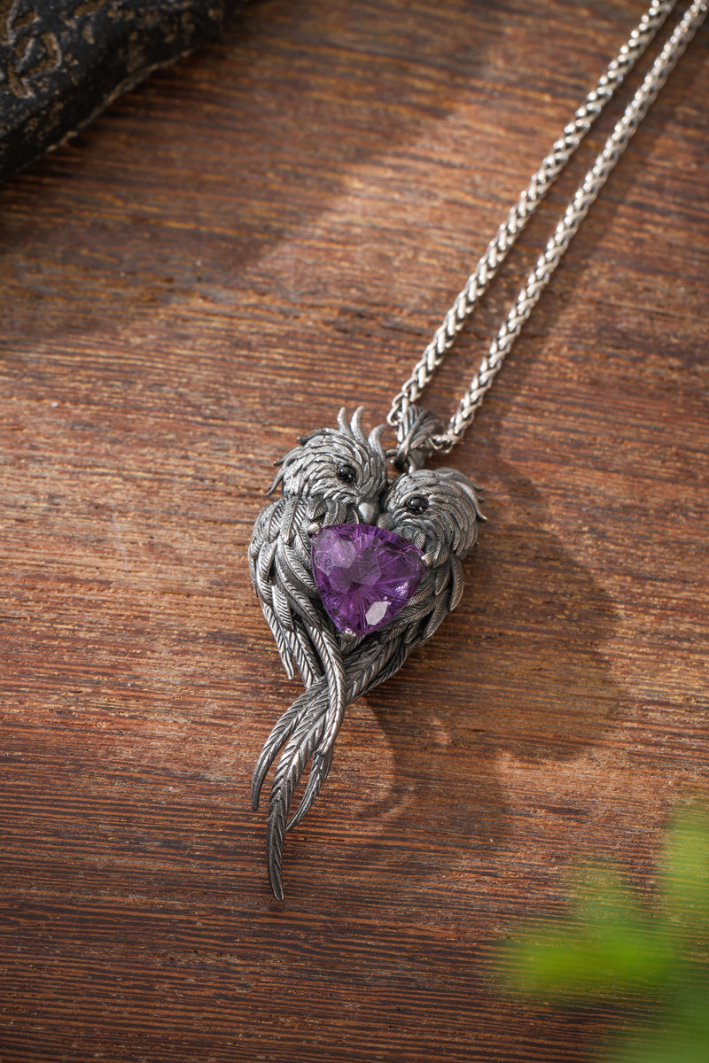 Sterling Silver Lovebirds Amethyst Pendant Buddha Trace