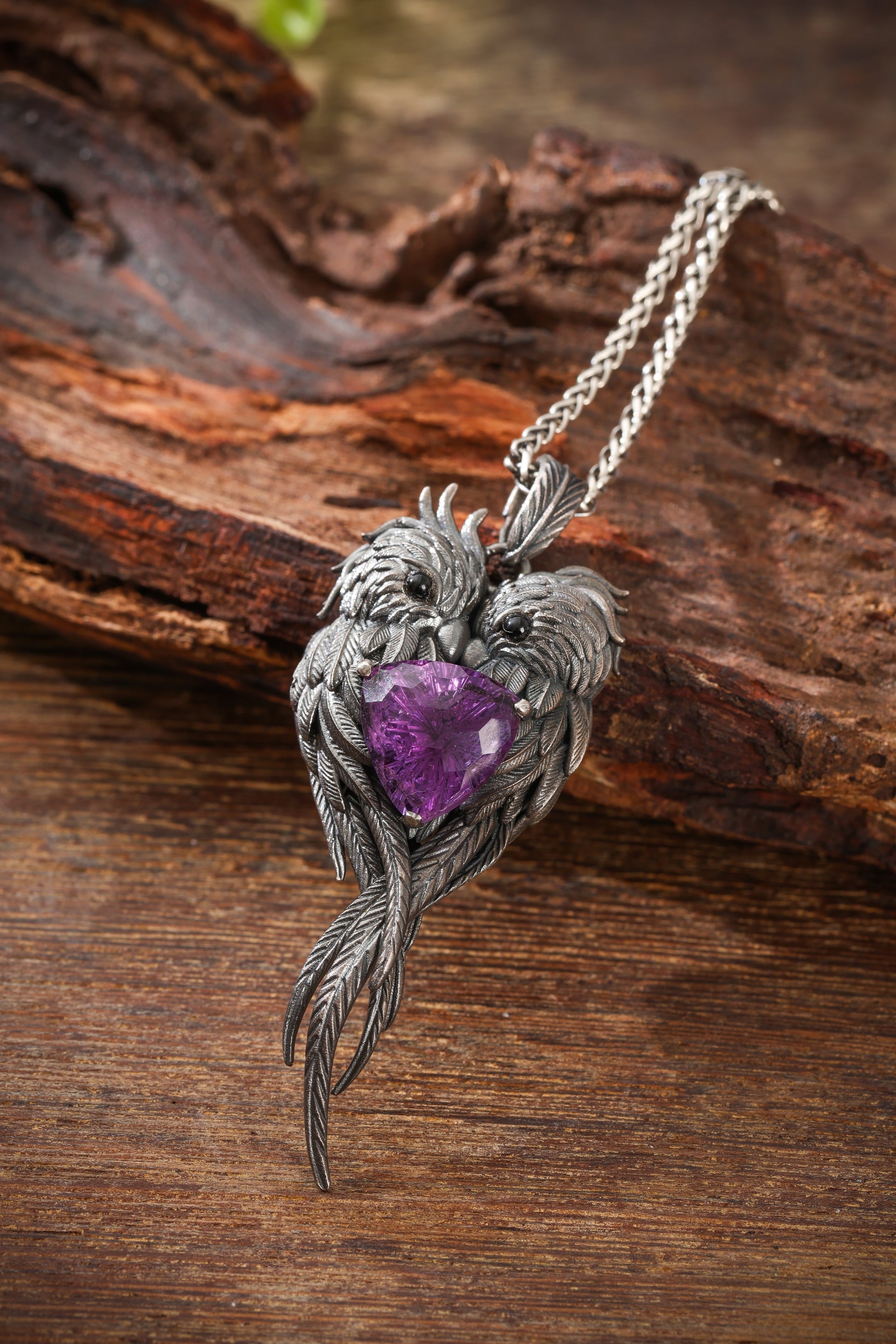 Sterling Silver Lovebirds Amethyst Pendant Buddha Trace