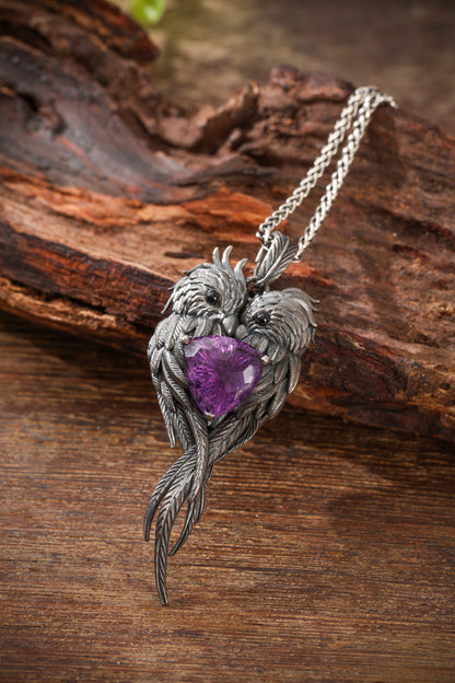Sterling Silver Lovebirds Amethyst Pendant Buddha Trace