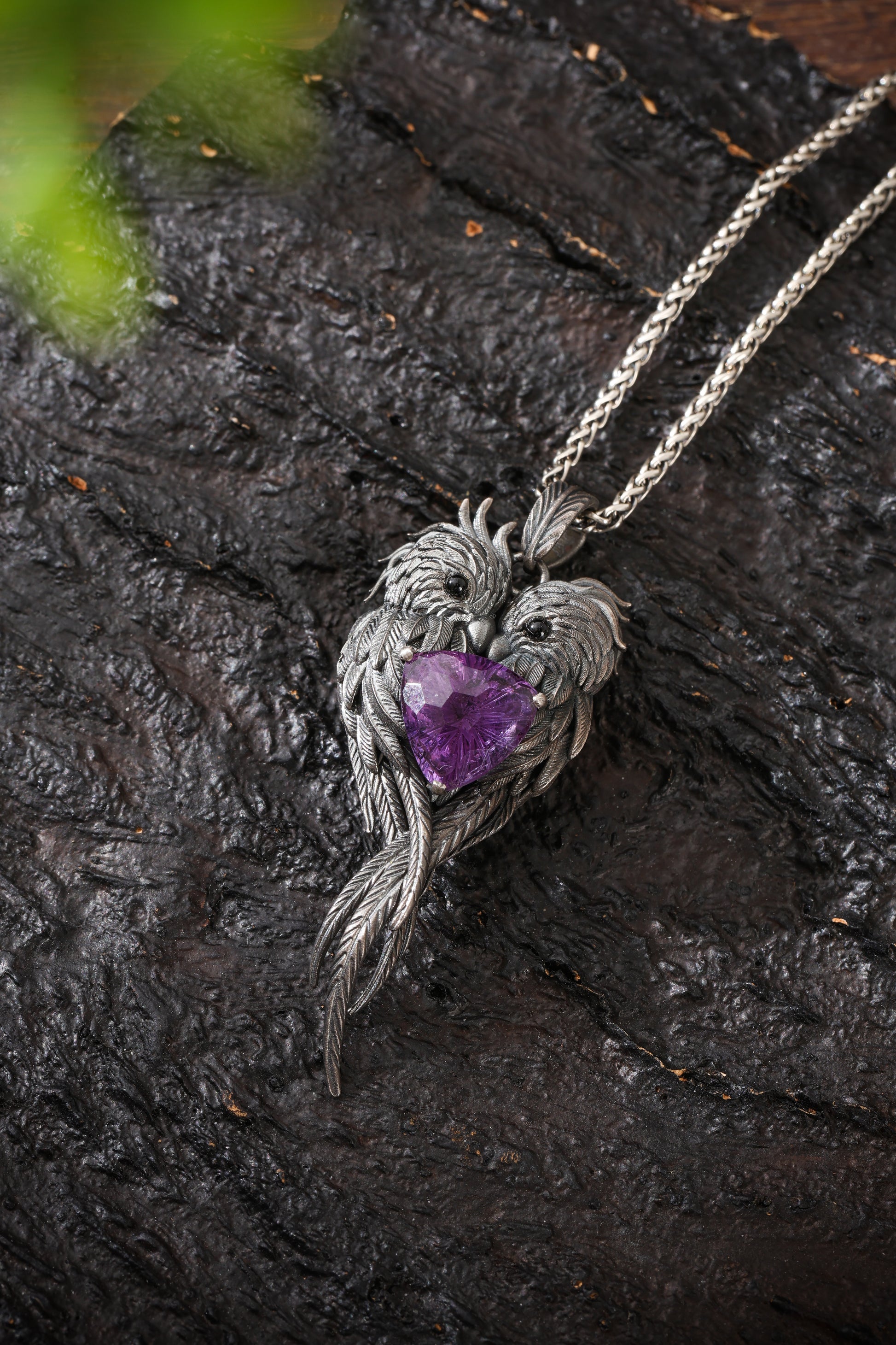 Sterling Silver Lovebirds Amethyst Pendant Buddha Trace