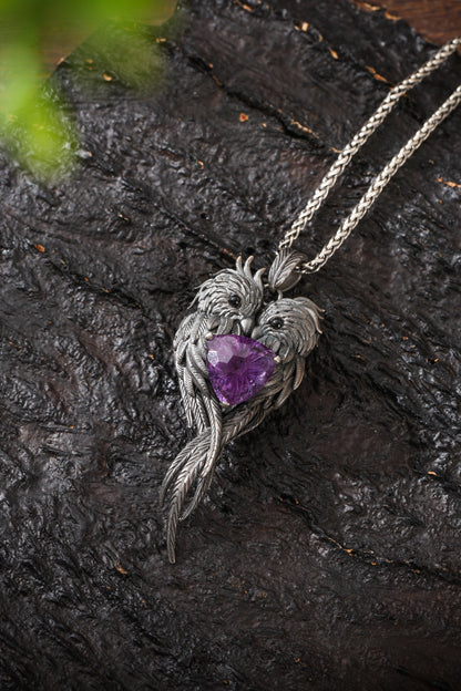 Sterling Silver Lovebirds Amethyst Pendant Buddha Trace