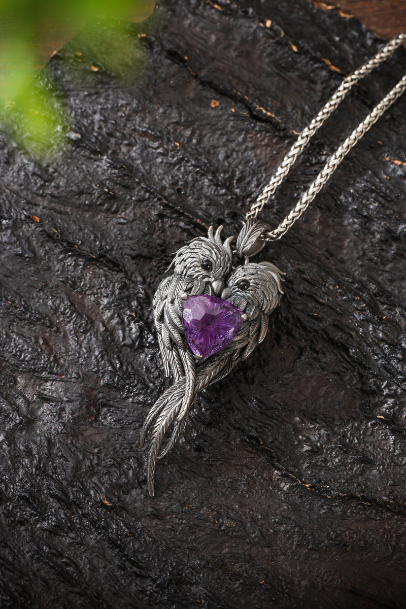 Sterling Silver Lovebirds Amethyst Pendant Buddha Trace