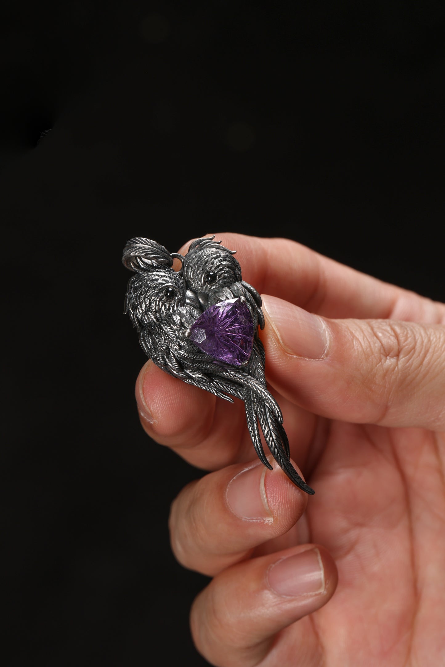 Sterling Silver Lovebirds Amethyst Pendant Buddha Trace