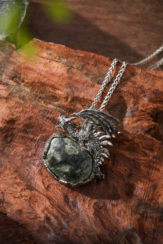 Sterling Silver Natural Crystal Geode Pendant with Flying Dragon Buddha Trace