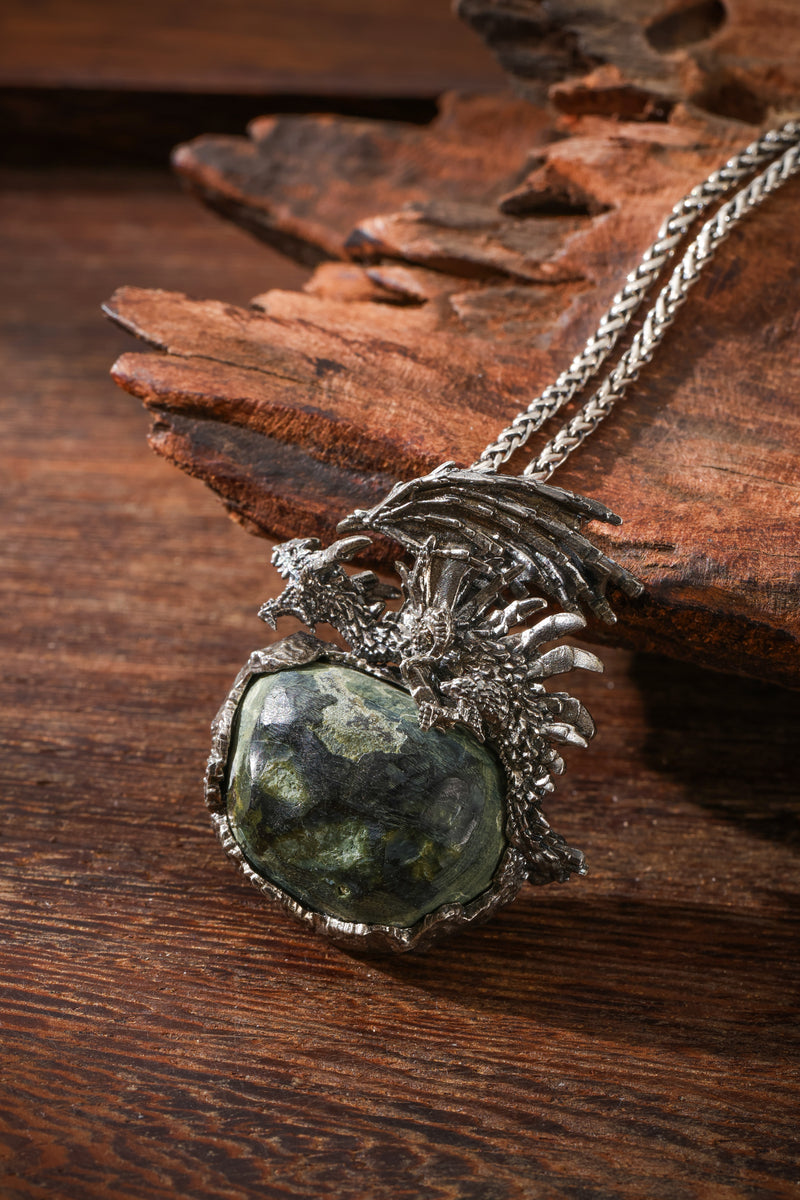 Sterling Silver Natural Crystal Geode Pendant with Flying Dragon Buddha Trace