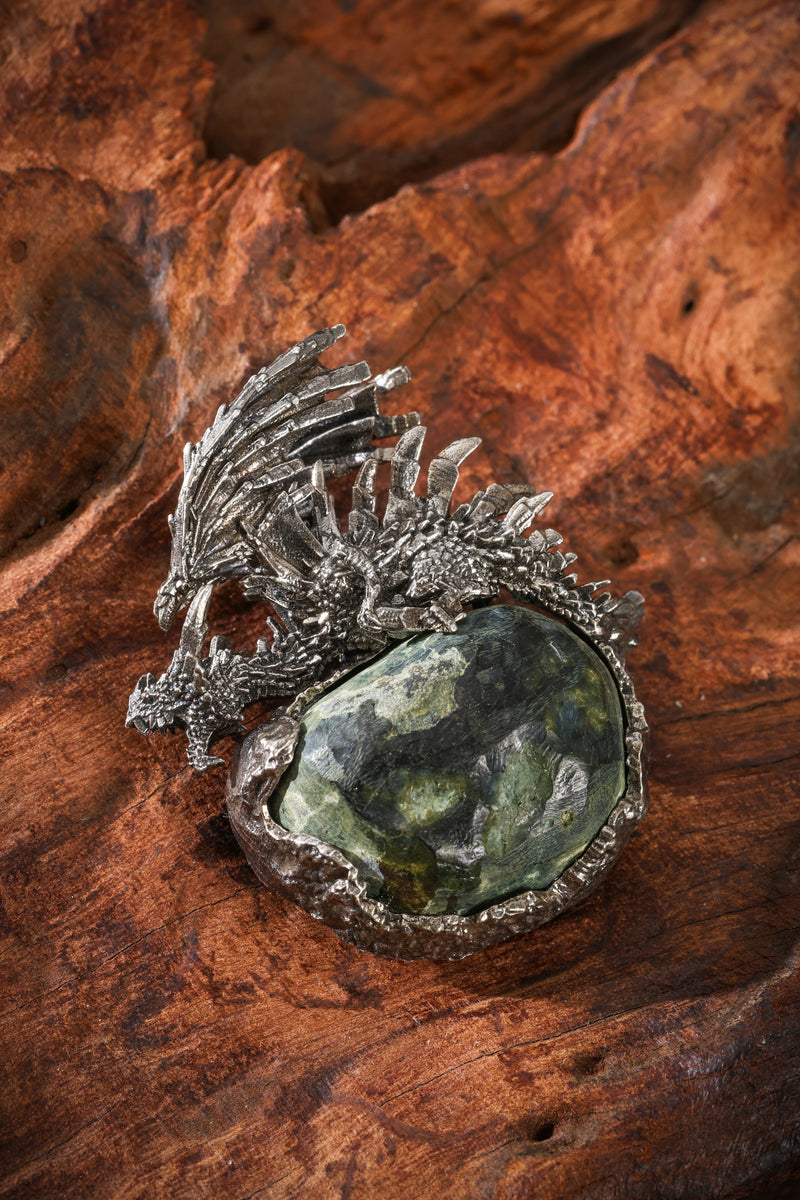 Sterling Silver Natural Crystal Geode Pendant with Flying Dragon Buddha Trace