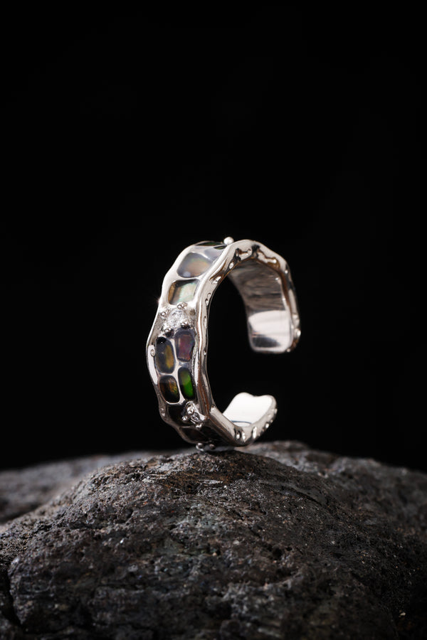 Sterling Silver Ring with Concave Stone Setting and Enamel Design