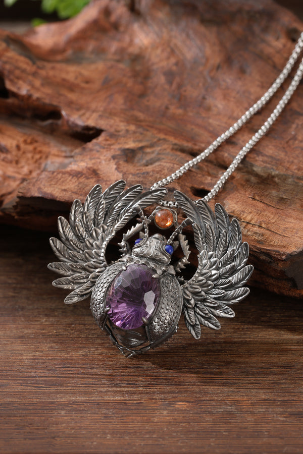 Sterling Silver Amethyst Sacred Beetle Pendant