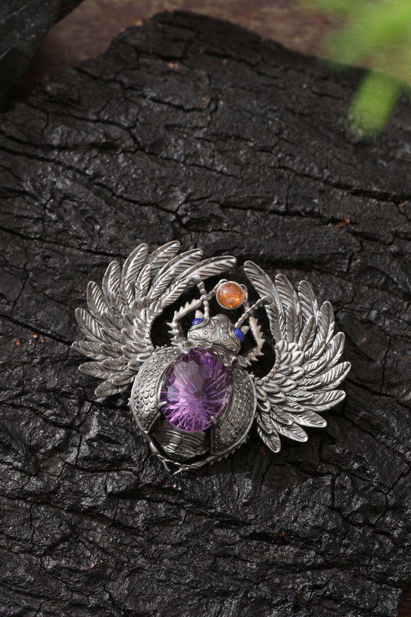 Sterling Silver Amethyst Sacred Beetle Pendant Buddha Trace