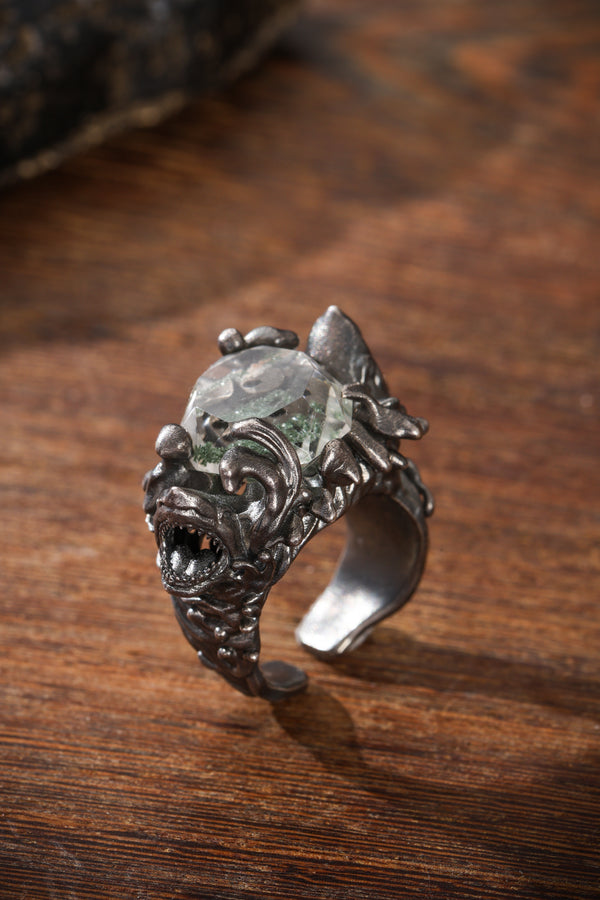Sterling Silver Shark & Green Phantom Quartz Ring