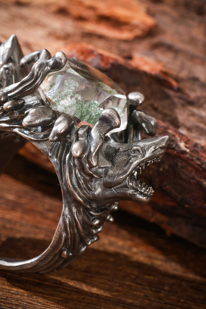 Sterling Silver Shark & Green Phantom Quartz Ring Buddha Trace