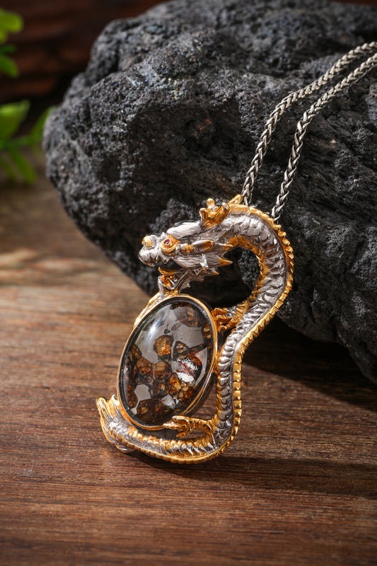 Two-Tone Sterling Silver Dragon & Pallasite Meteorite Pendant Buddha Trace