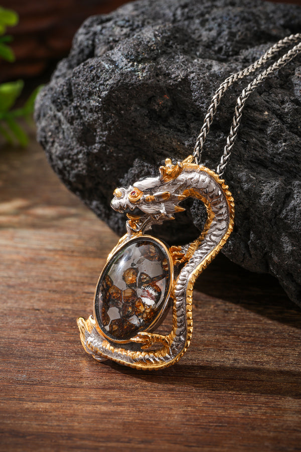 Two-Tone Sterling Silver Dragon & Pallasite Meteorite Pendant