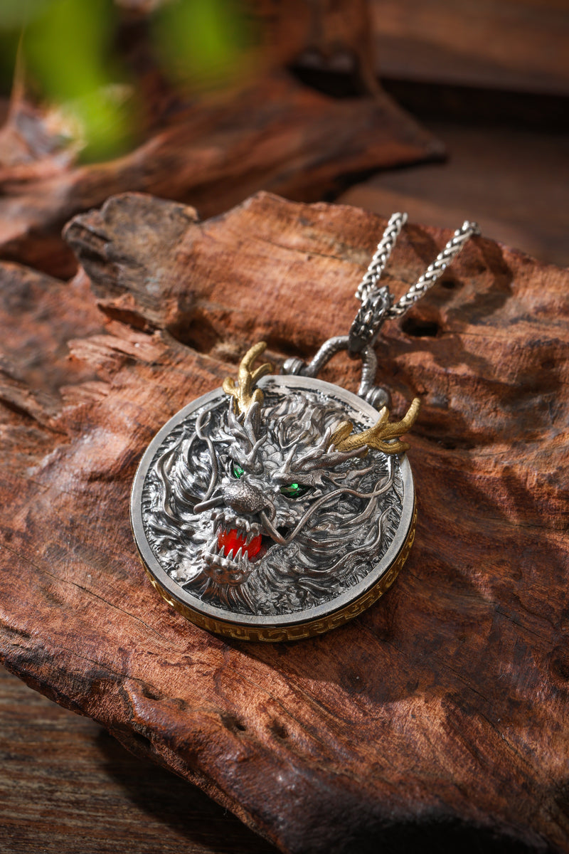 Sterling Silver & Copper Dragon Medallion Pendant Buddha Trace