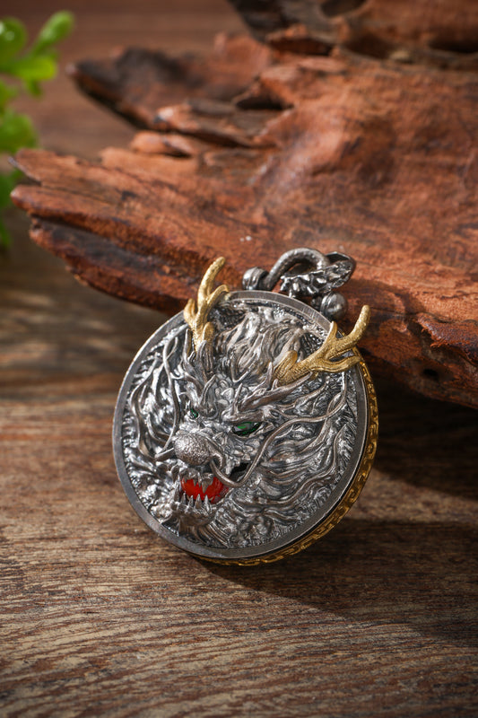 Sterling Silver & Copper Dragon Medallion Pendant Buddha Trace