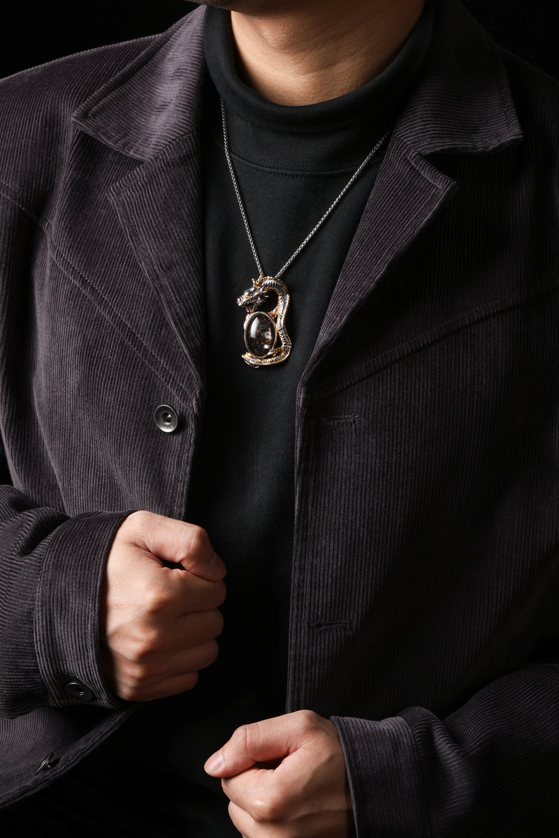 Two-Tone Sterling Silver Dragon & Pallasite Meteorite Pendant Buddha Trace