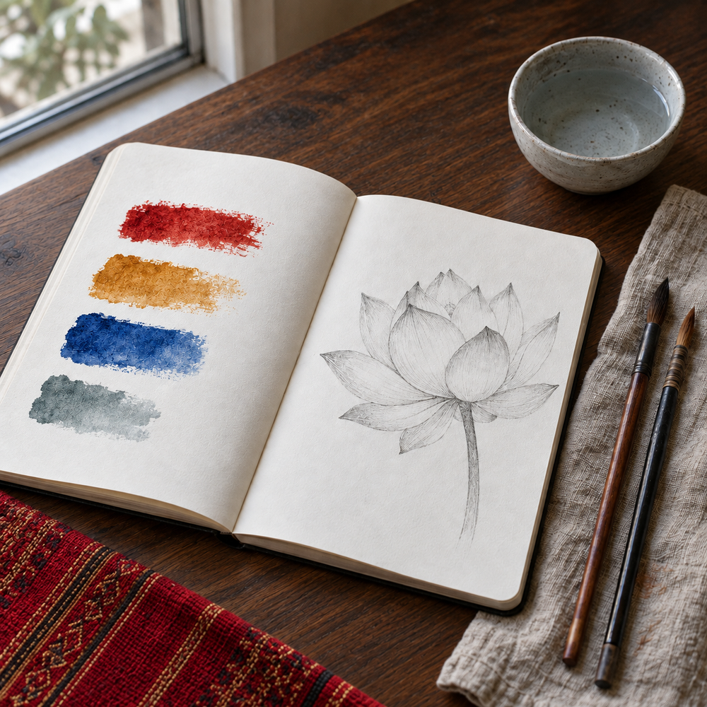 Open lotus study sketchbook with pigment swatches and brushes on a dark wooden table