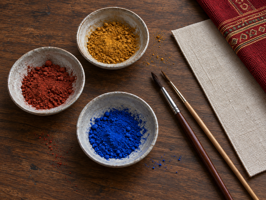 Three ceramic bowls of red, blue and ochre pigments with brushes and woven fabric