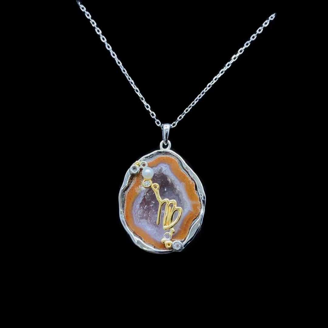 Virgo crystal geode zodiac pendant with Virgo symbol, front view