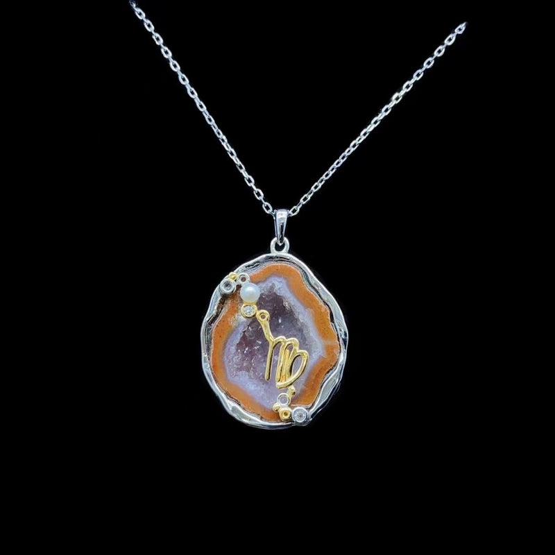 Virgo crystal geode zodiac pendant with Virgo symbol, front view