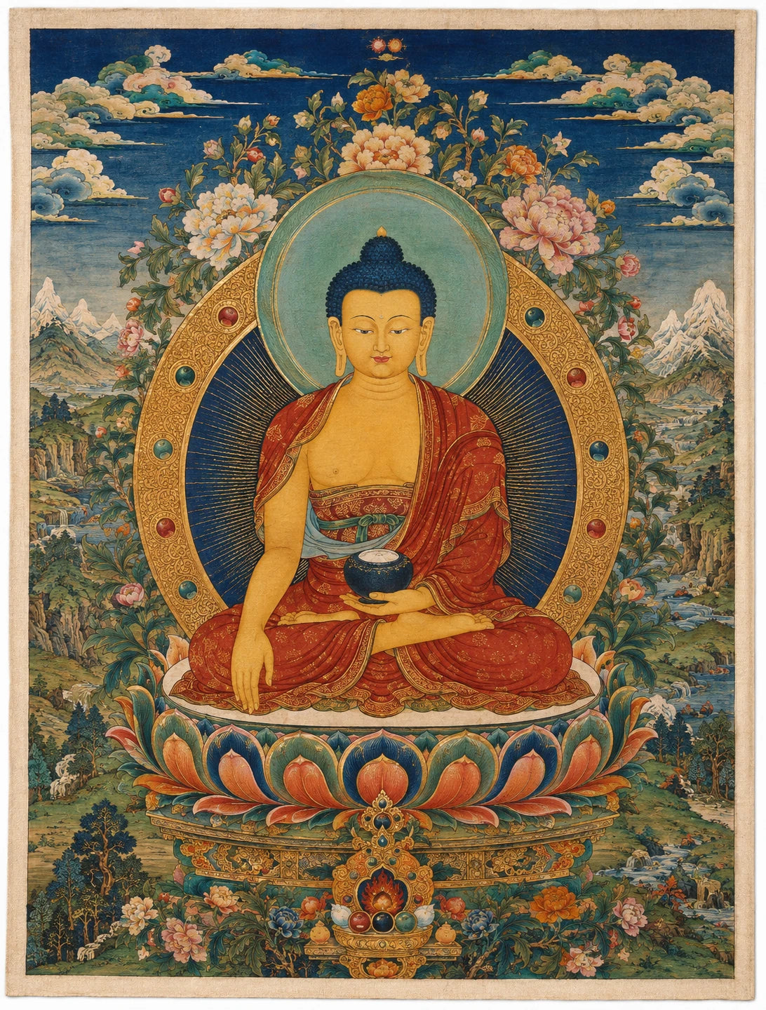 The completed thangka of Shakyamuni Buddha