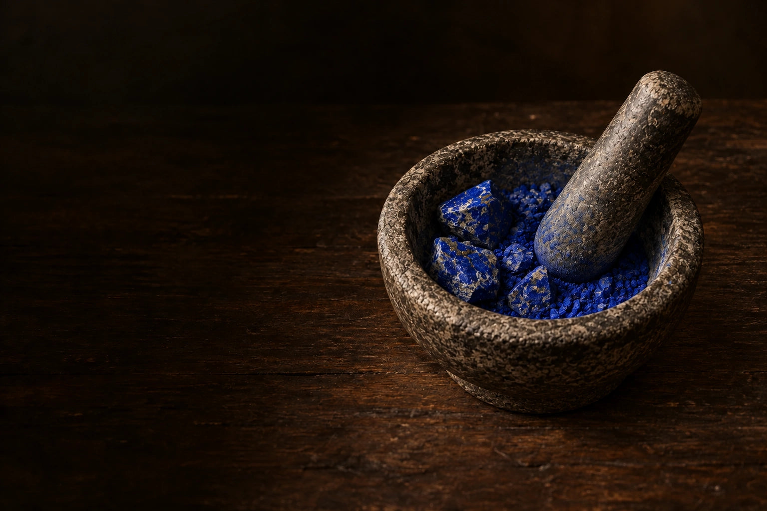 Raw lapis lazuli in a stone mortar